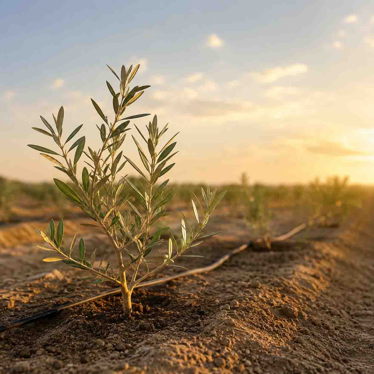 شتلة زيتون صغيرة وخط الري بالتنقيط في أرض الجميلة فارمز